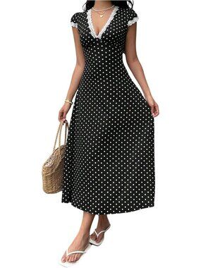 Polka Dot Lace Trim V-Neck Dress | Short Sleeve Long Summer Dress for Women